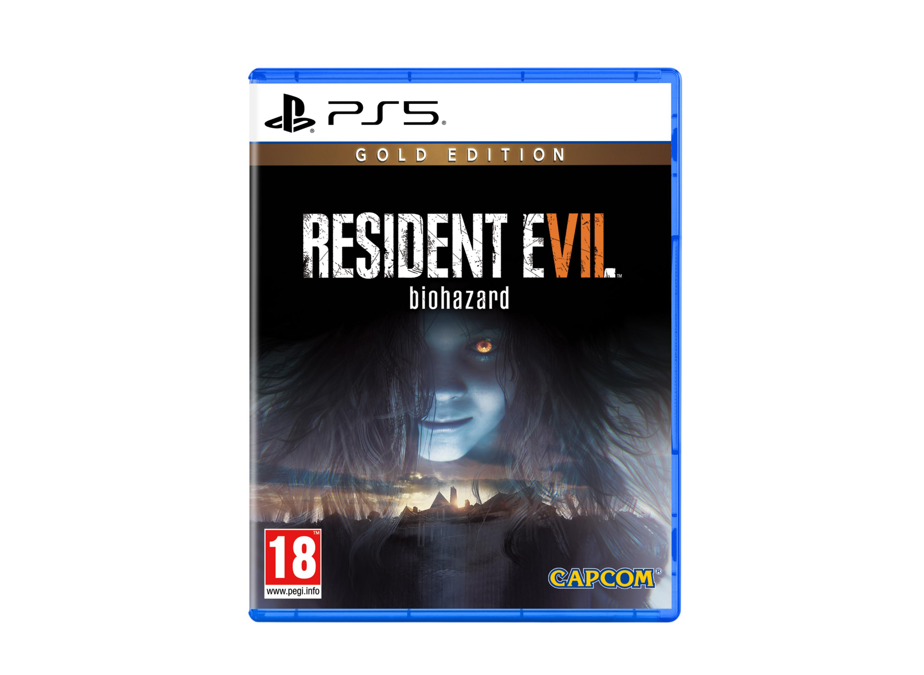 Custodia gioco PS5: Resident Evil Gold Edition con ragazza inquietante e logo PEGI 18.