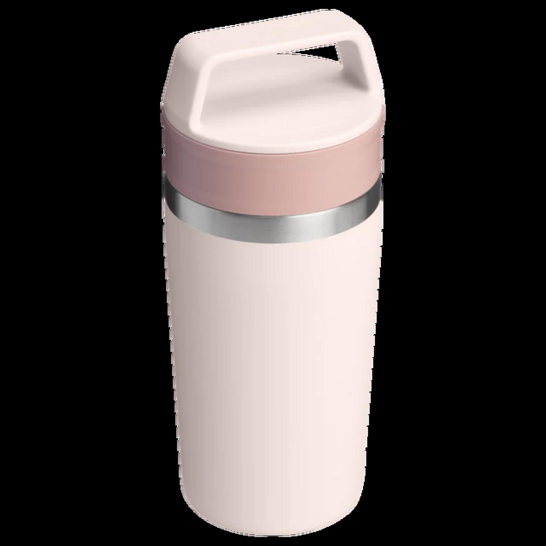 Eine weiße Thermoskanne mit rosa Band und silbernem Streifen.
