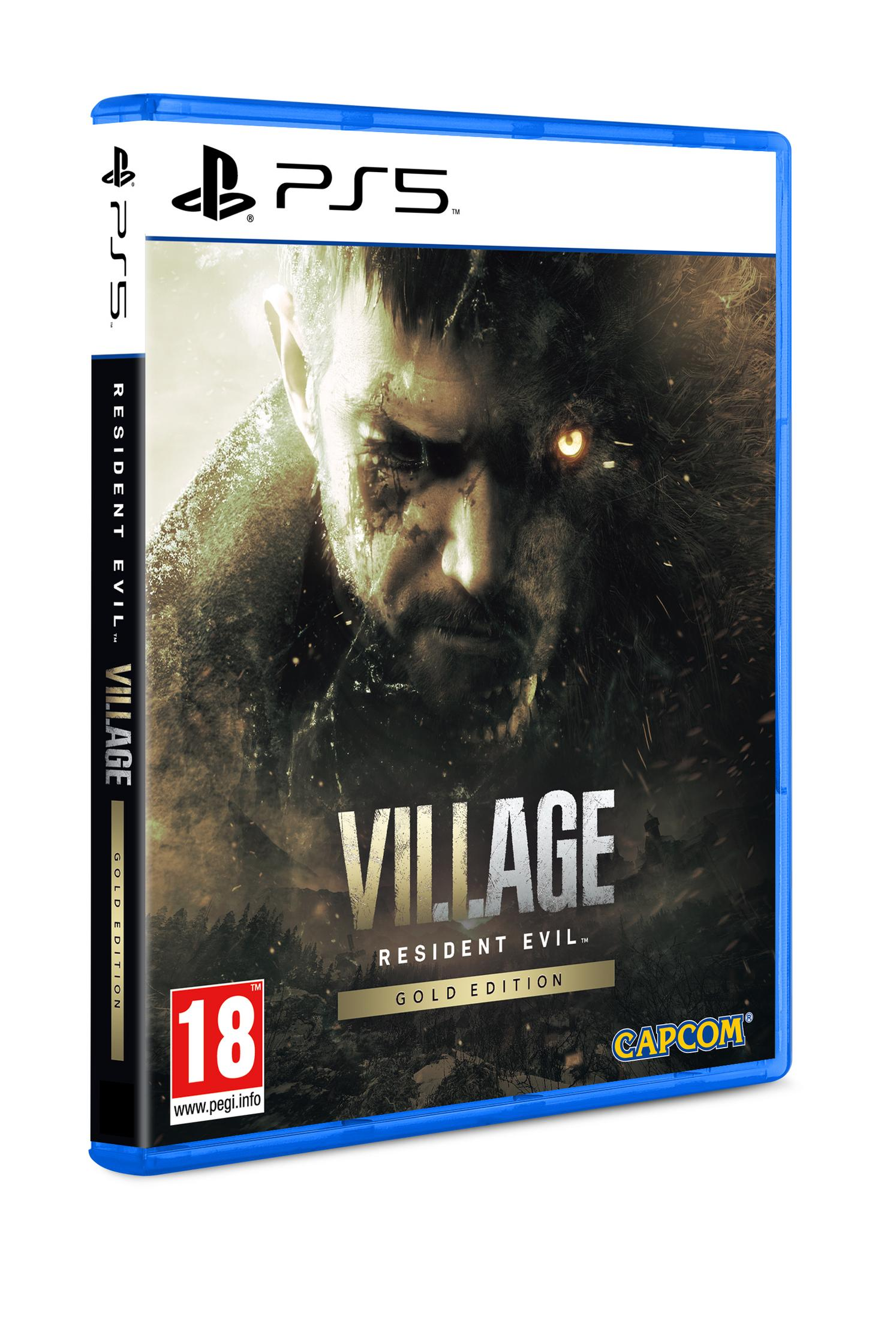 Custodia gioco Resident Evil Village Gold Edition PS5 con uomo spaventoso e volto di lupo mannaro.