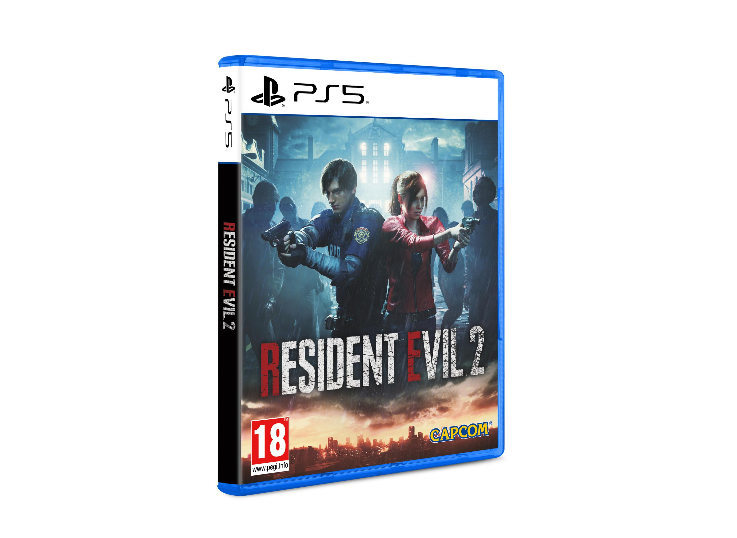 Pudełko gry PS5 Resident Evil 2 z Leonem i Claire strzelającymi do zombie.