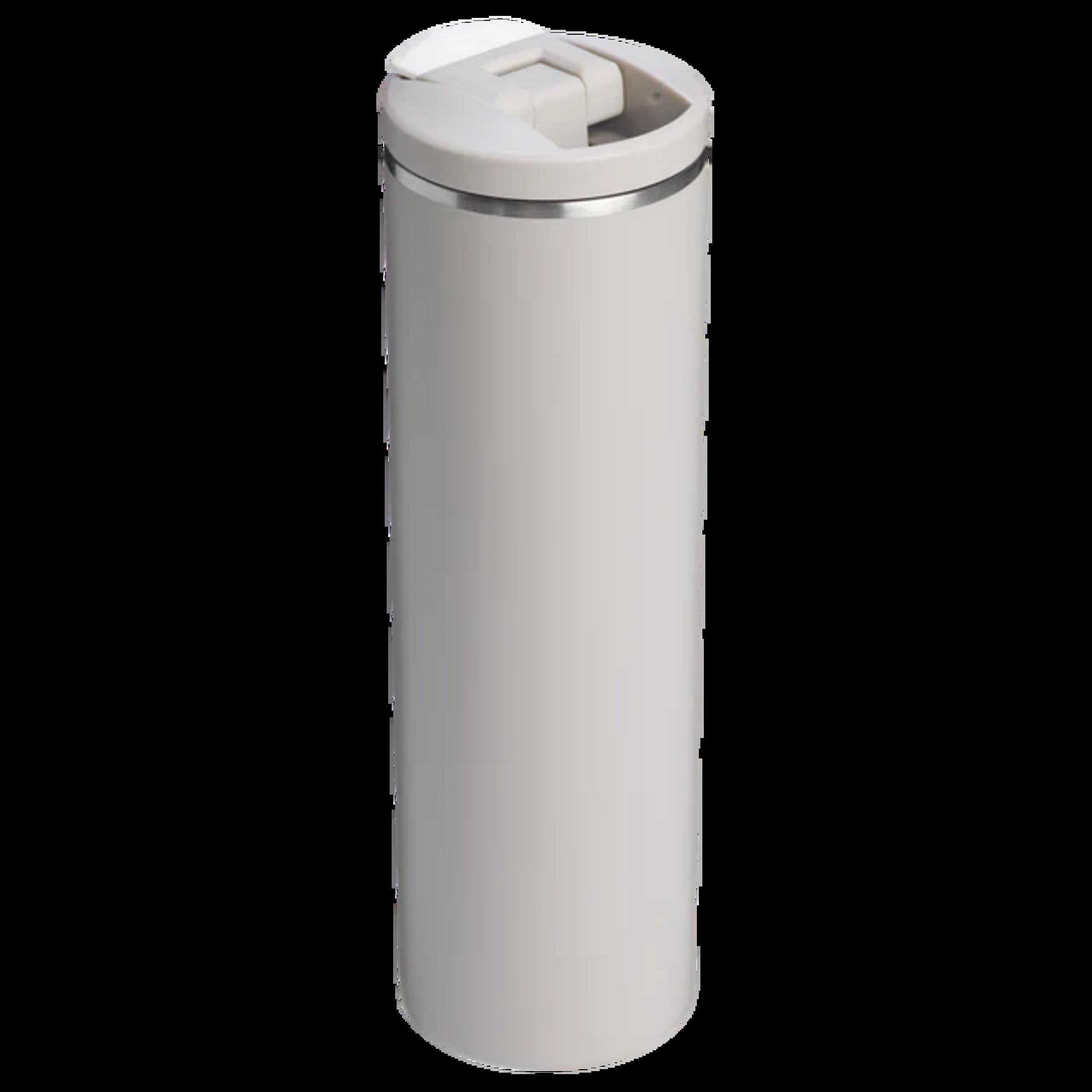 Un termo gris liso con tapa abatible blanca y borde plateado.