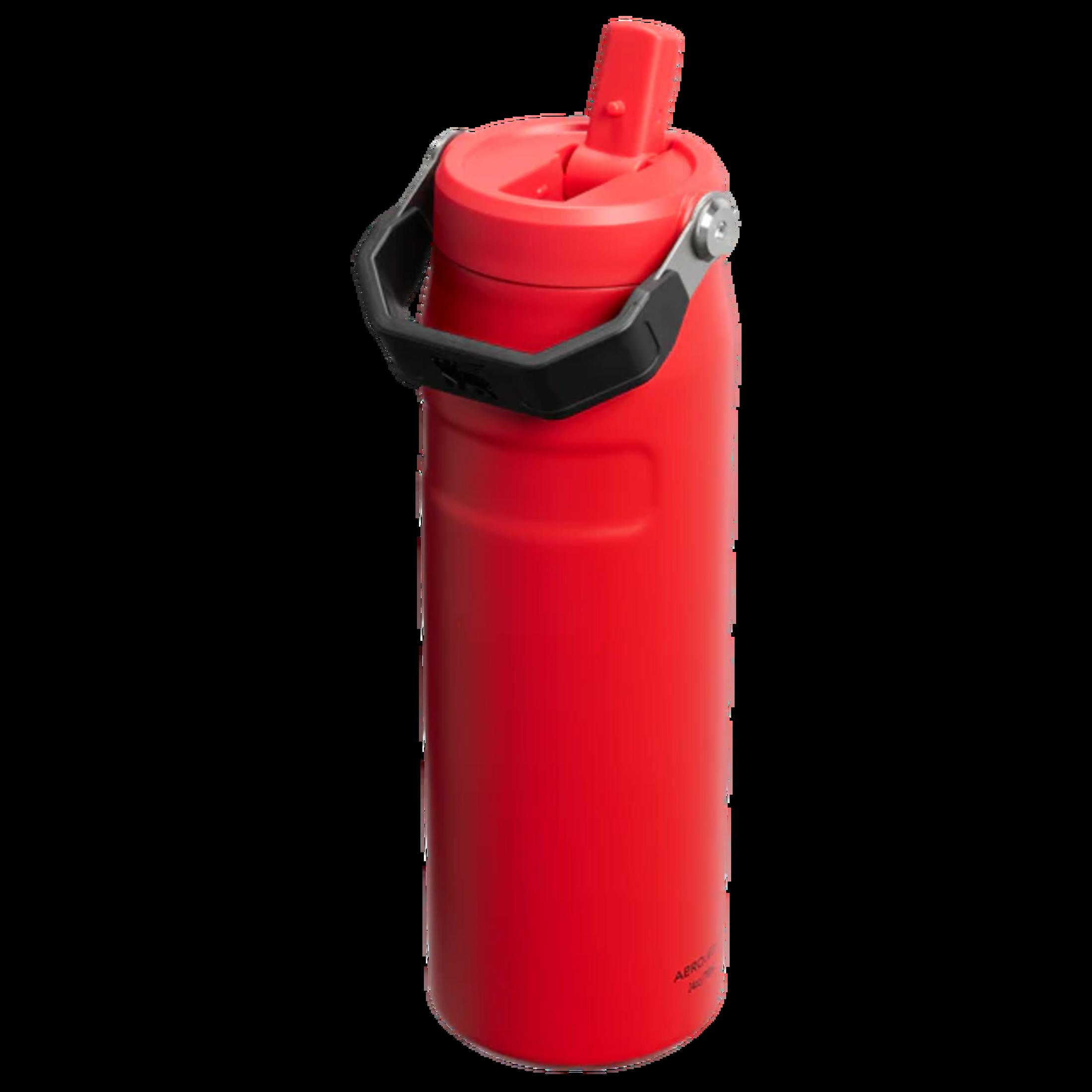 Rote Trinkflasche mit schwarzem Griff und rotem Strohhalmdeckel.