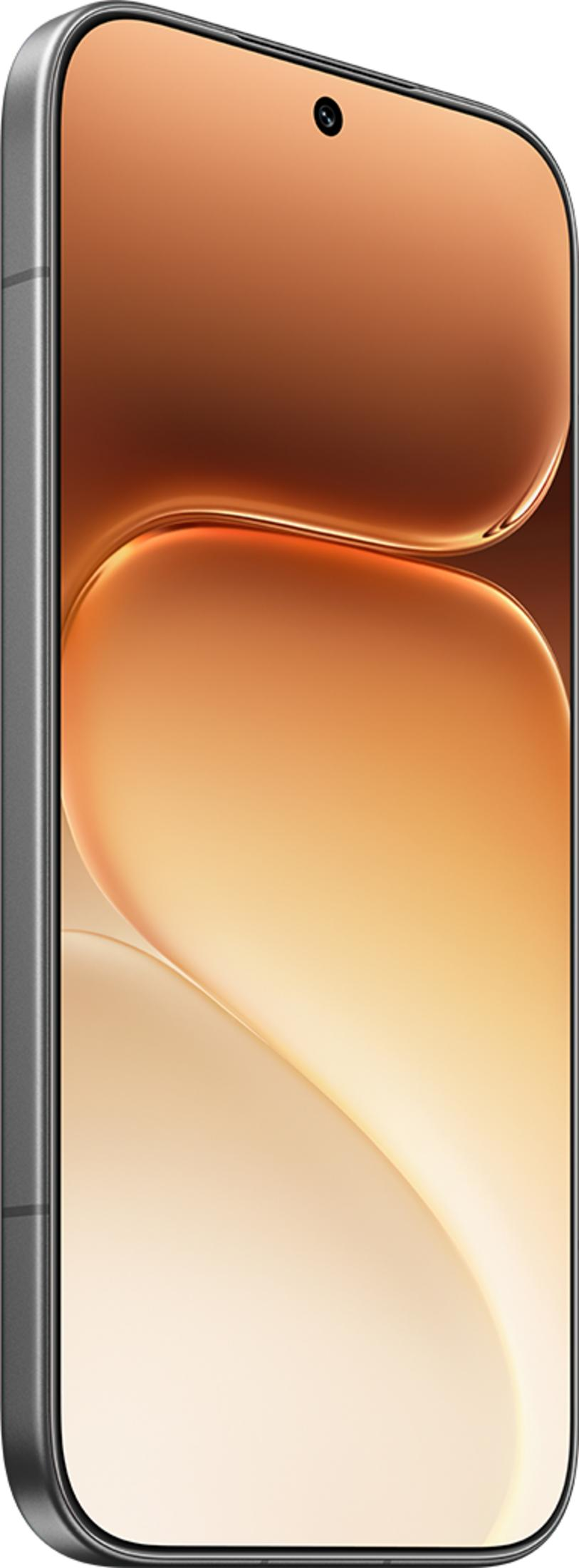 Uno smartphone moderno con cornice grigia e schermo color bronzo.