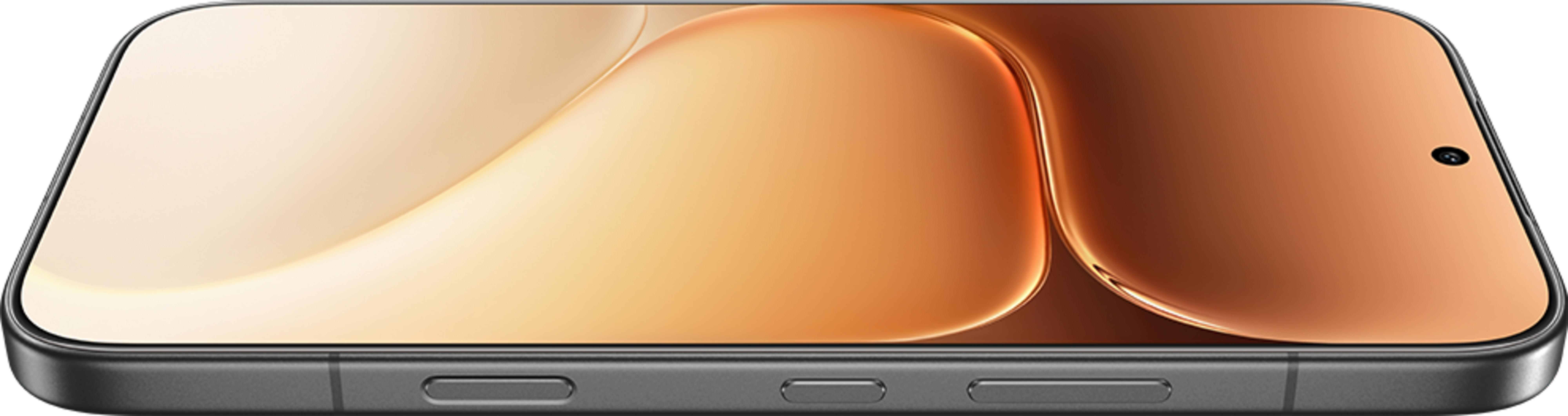 Uno smartphone scuro con schermo color bronzo e una singola fotocamera frontale.