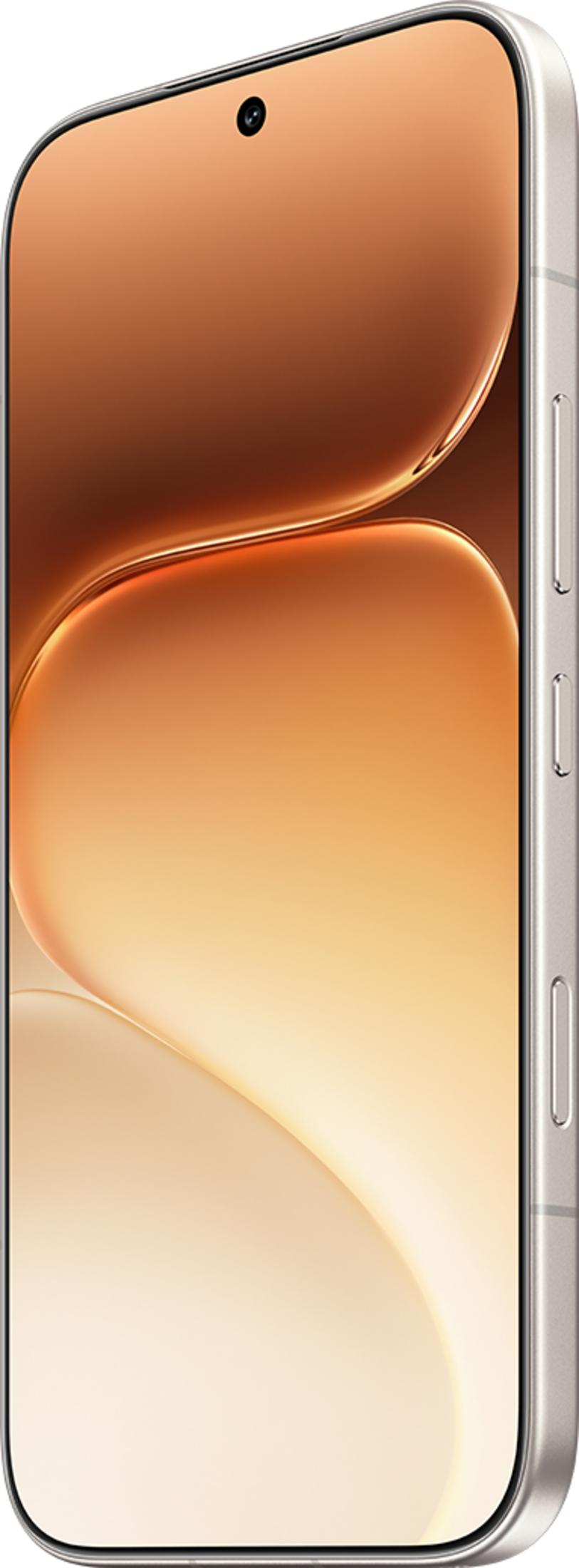 Uno smartphone argentato con schermo dorato, mostrato di lato.
