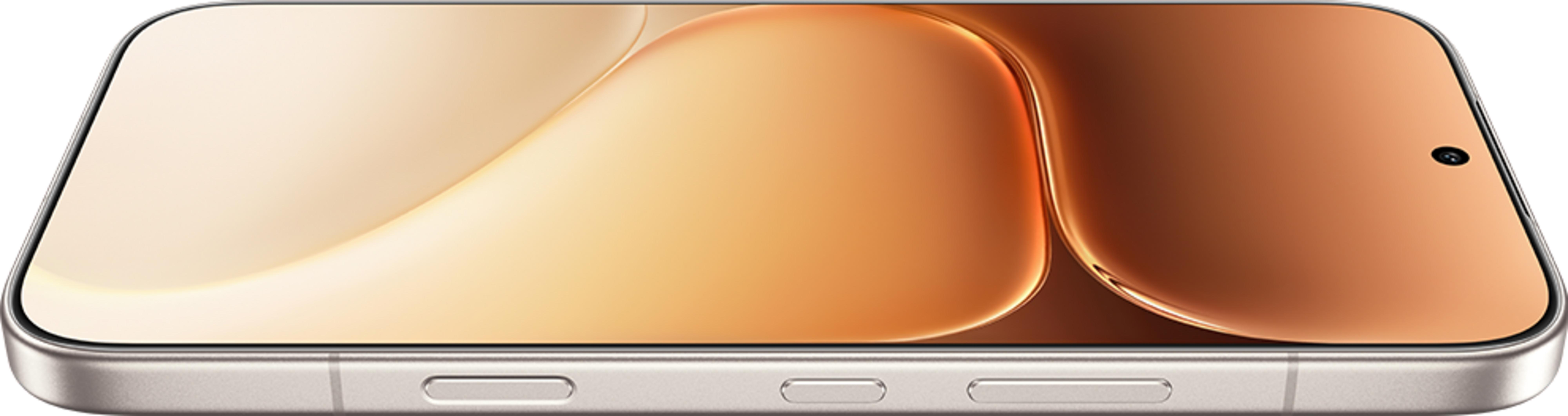 Uno smartphone moderno con display bronzo e cornice argentata. Pulsanti laterali visibili.