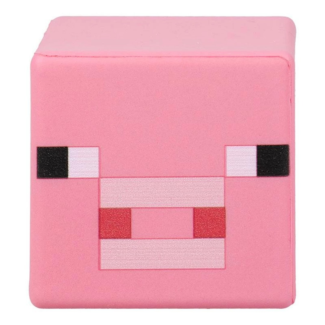 Różowy sześcian świni Minecraft z czarnymi oczami i różową twarzą.