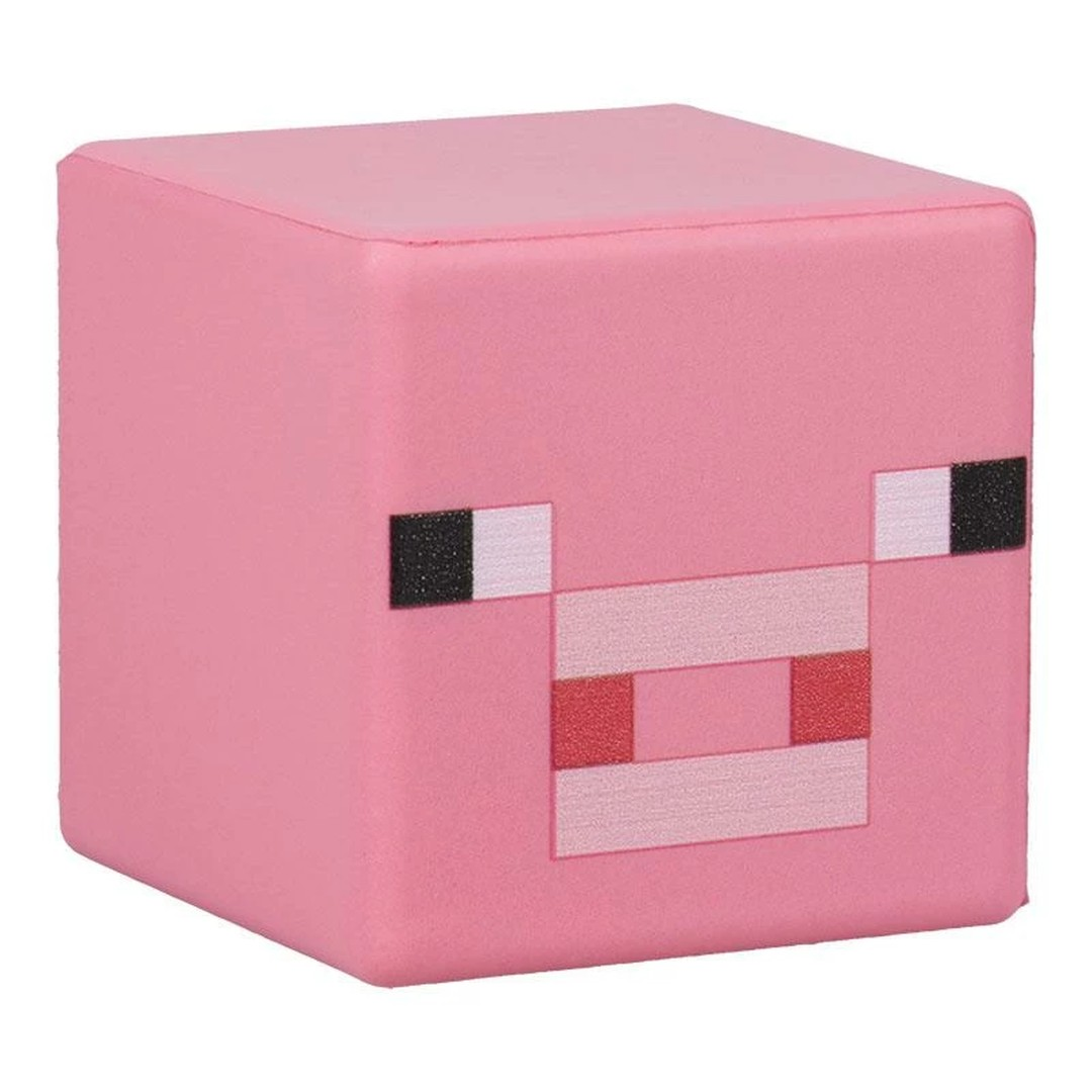 Różowy sześcian świni Minecraft z czarnymi oczami i różową twarzą.