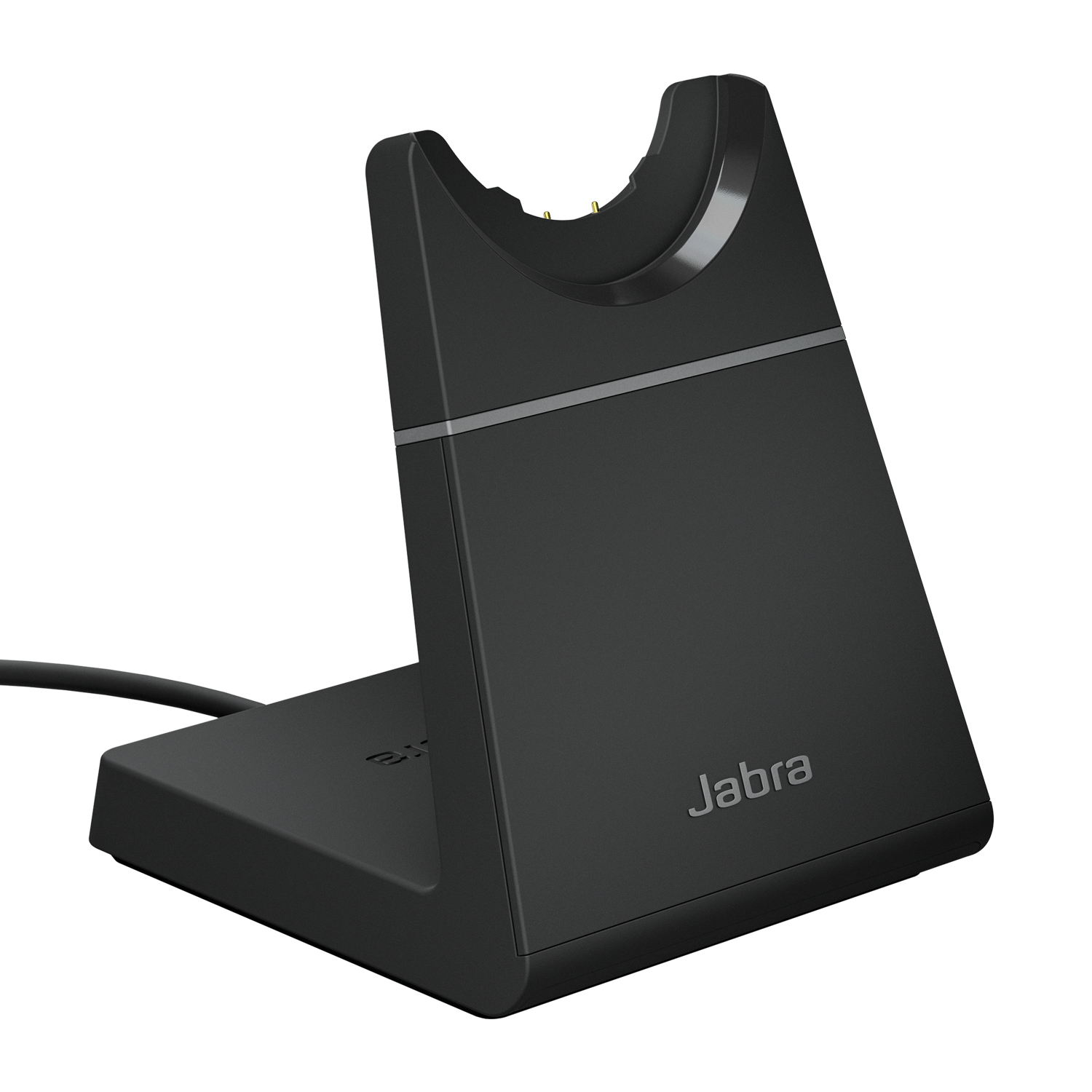 Socle de chargement Jabra noir avec un berceau en haut et un câble à la base.