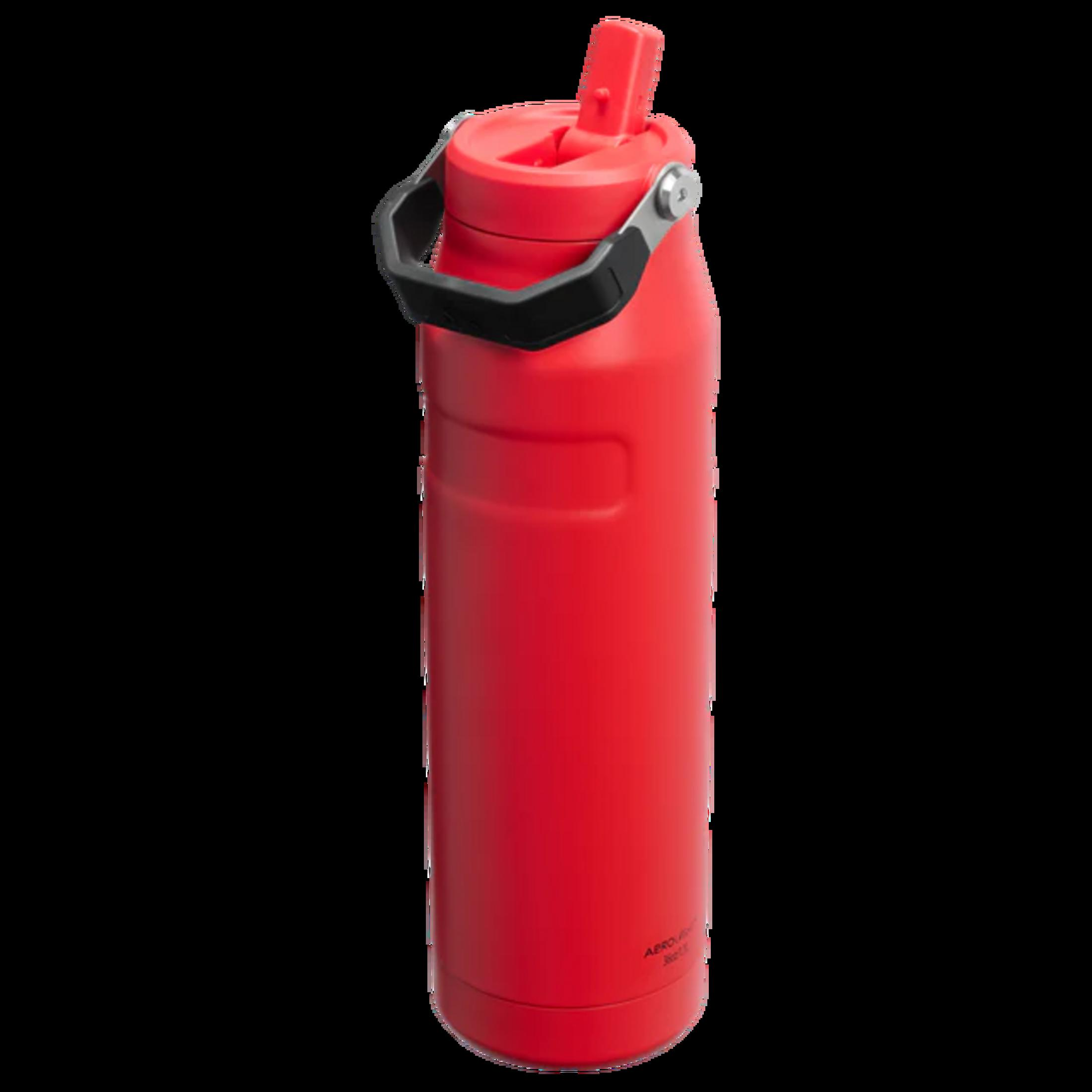 Eine rote Trinkflasche mit einem schwarzen Griff und einem roten Ausgießer.
