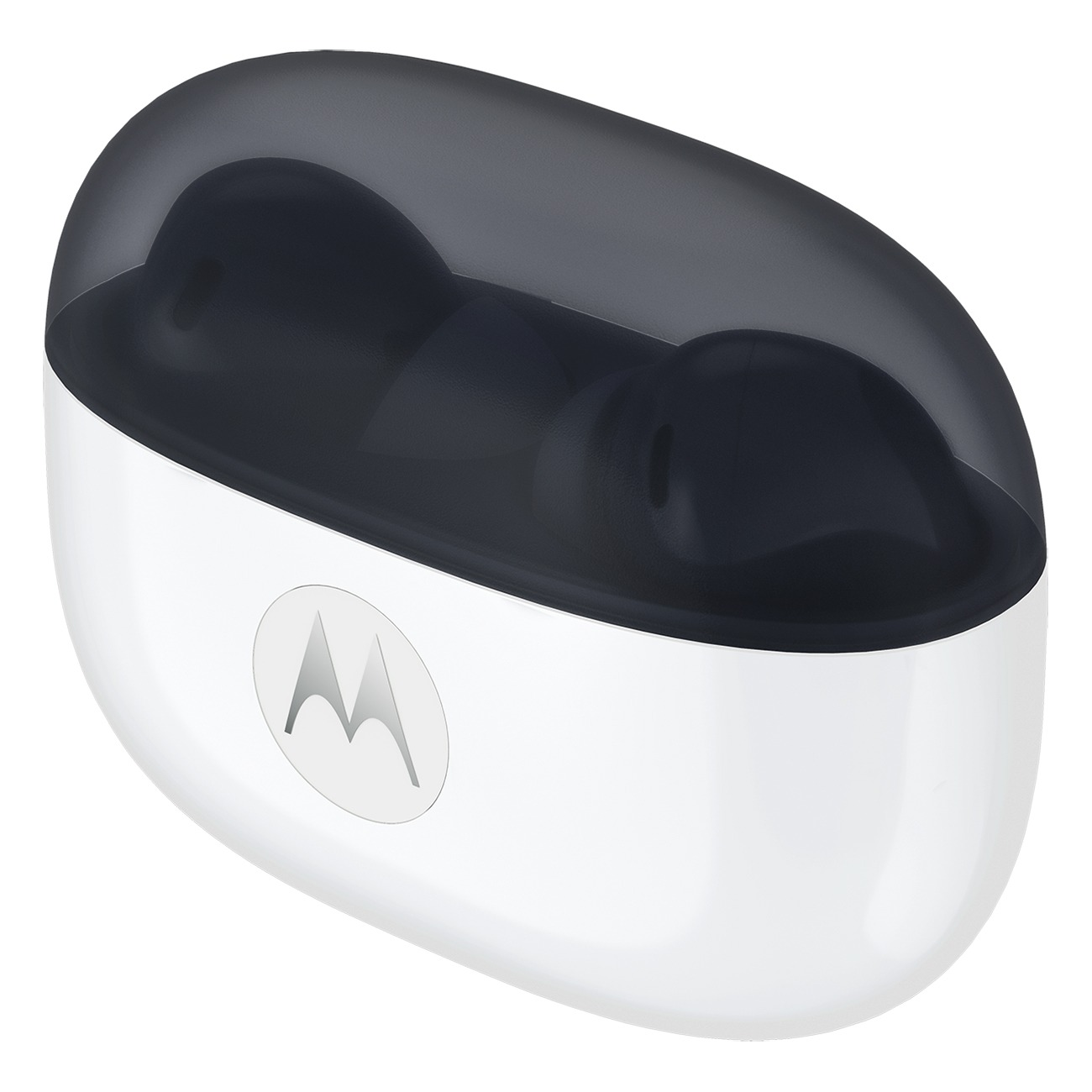 Ein weißes Ladeetui mit dunklem Deckel und dem Motorola-Logo.