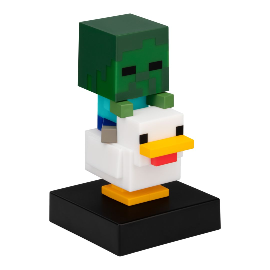 Zielony zombie z Minecrafta jedzie na białym kurczaku z Minecrafta.