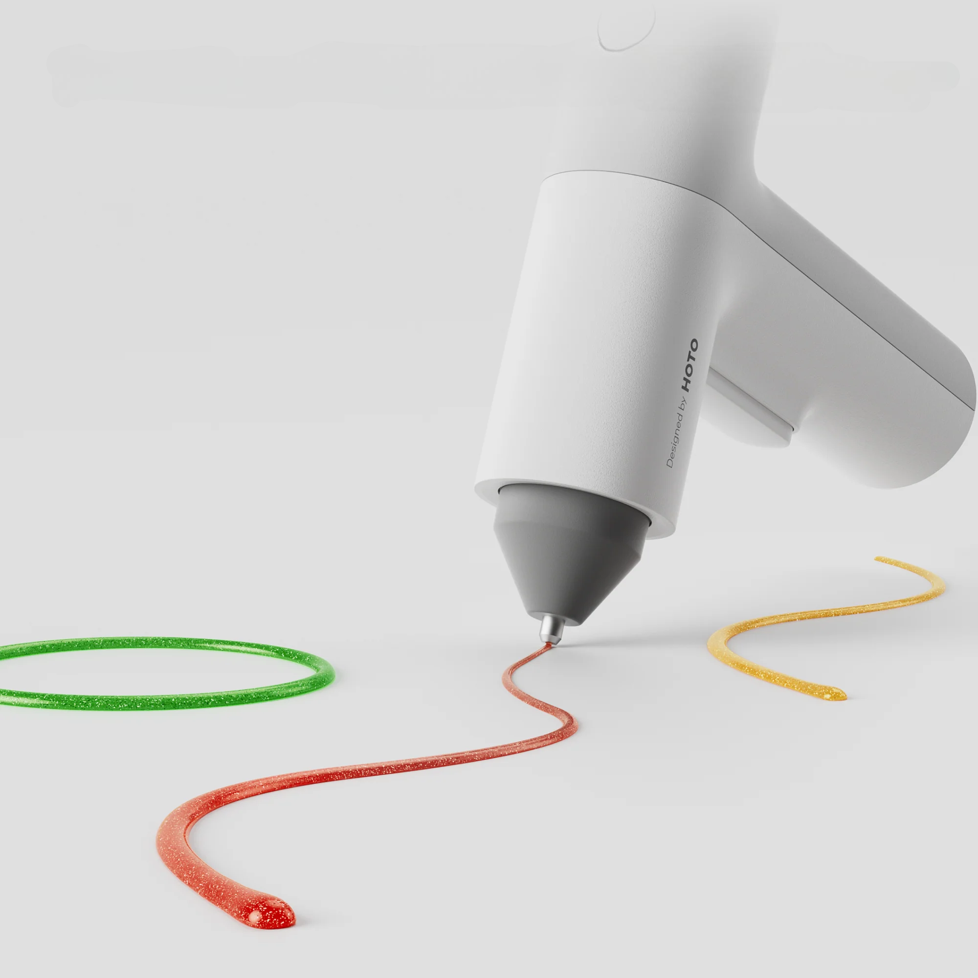 Ein weißer 3D-Stift extrudiert roten Glitzerdraht auf einem weißen Hintergrund.