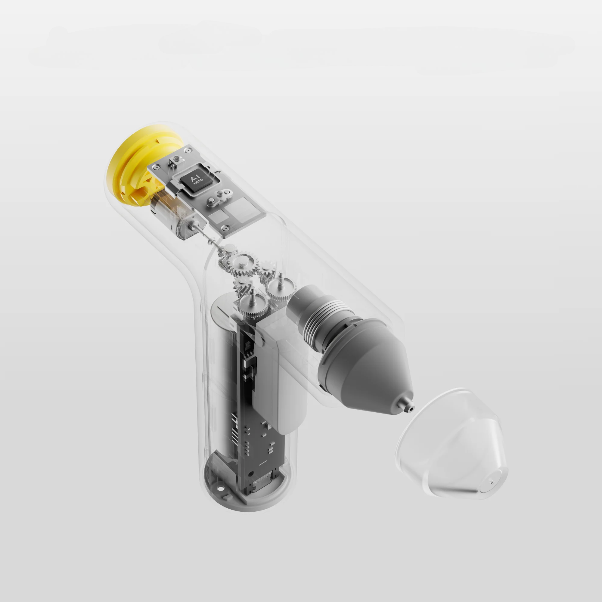 Ein transparentes Gerät mit gelbem Griff, Zahnrädern und Chip.