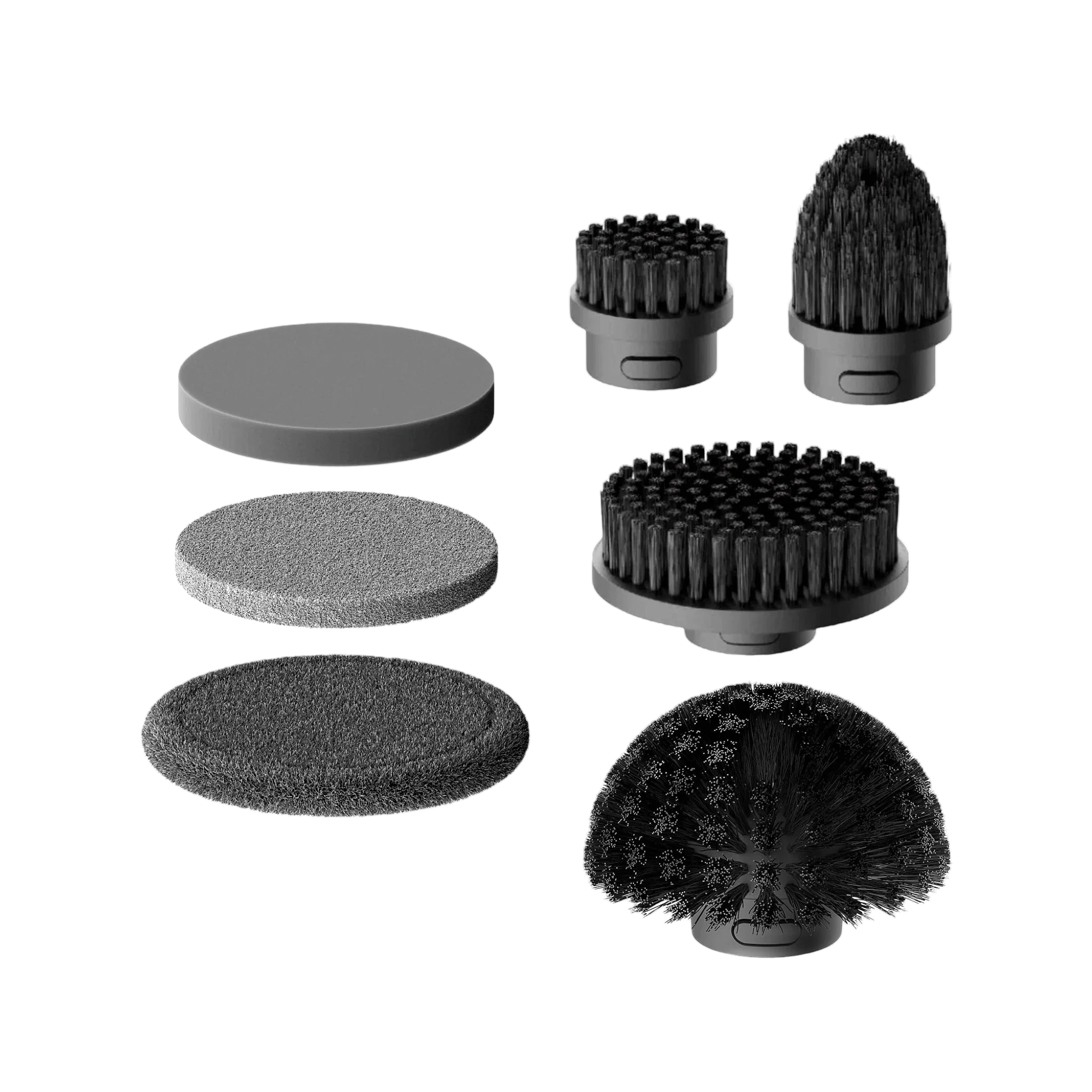 Accessori spazzola per pulizia di varie forme e dimensioni su sfondo bianco.