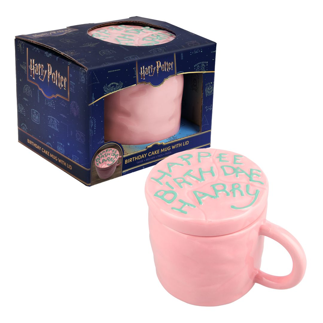 Różowy kubek Harry Potter w kształcie tortu z pokrywką "Happy Birthday Harry".