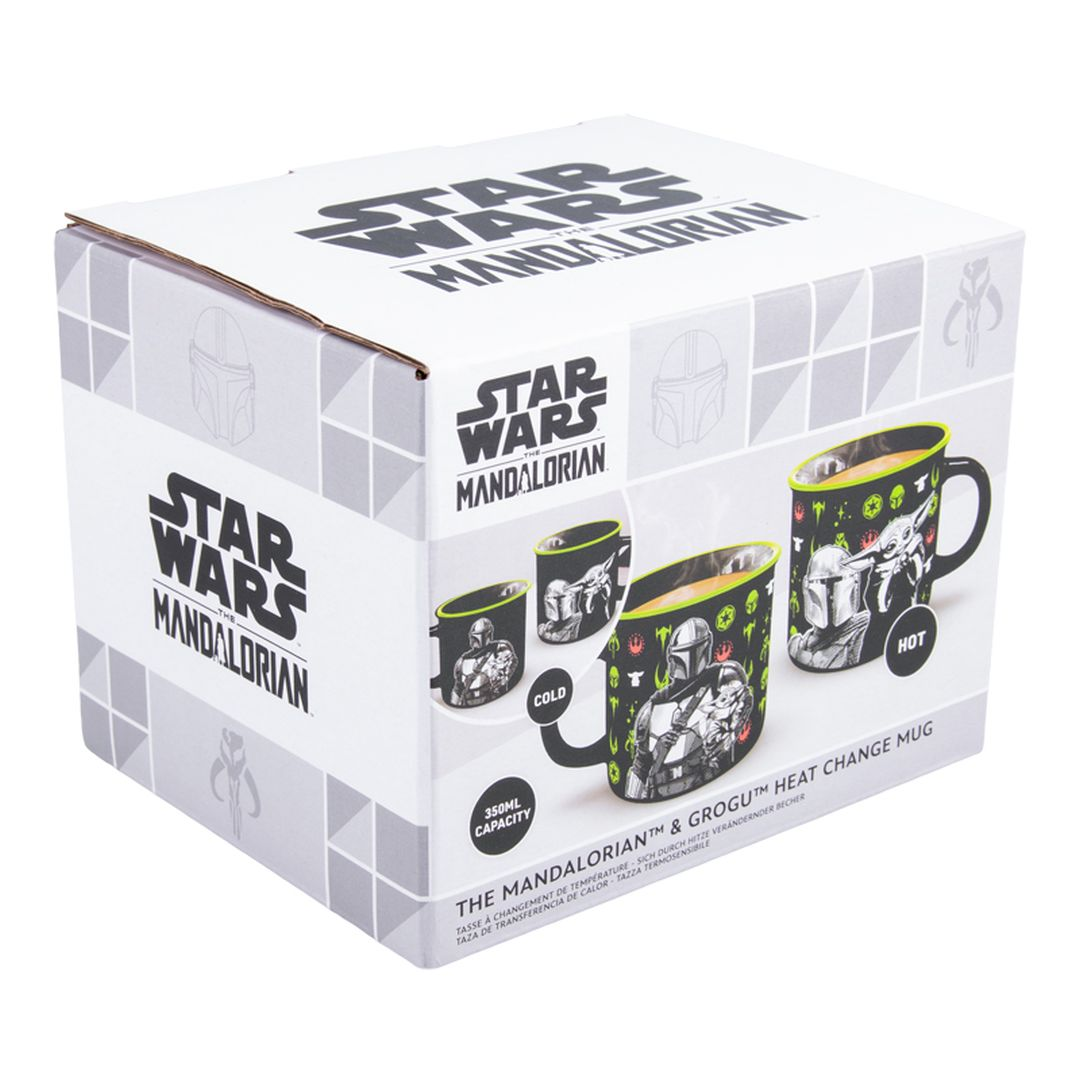 Pudełko kubka Star Wars z Mandalorianem i Grogu, wzór zmieniający się pod wpływem ciepła.