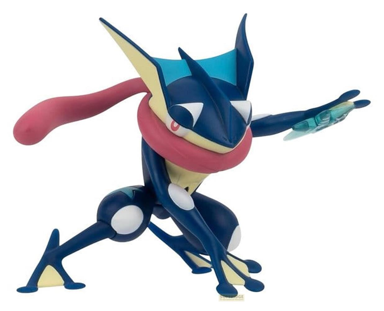 Blauer Ninja-Frosch-Pokémon in dynamischer Hocke mit rosa Schal und Wasser-Shuriken.