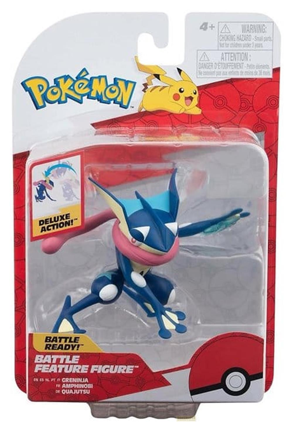 Eine blaue und weiße Pokémon-Figur von Greninja in einer Kampfpose in einer Verpackung.