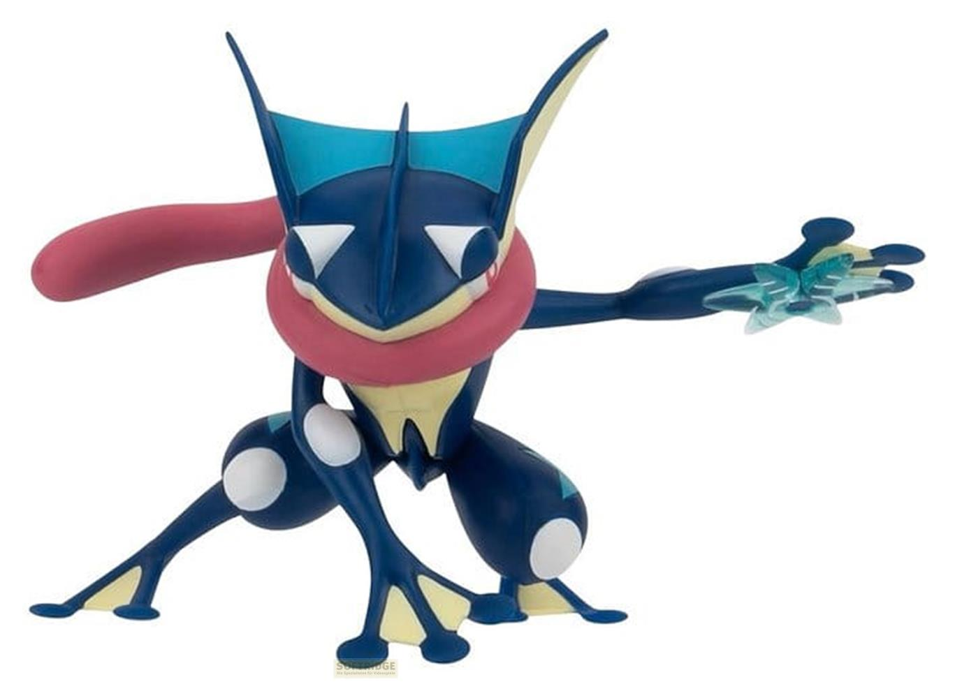 Eine blaue Pokémon-Figur mit rotem Schal und Stern-Angriff.