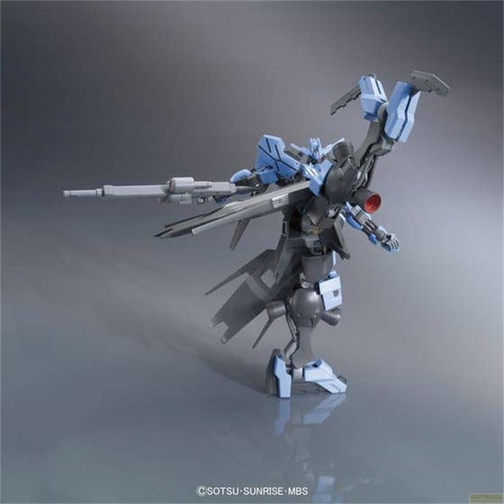 Ein blauer und grauer Roboter mit einem Gewehr in einer Pose.