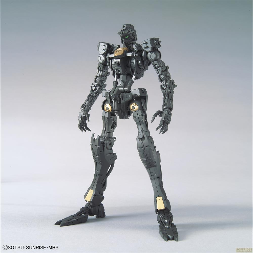 Ein graues, mechanisches Skelett-Modell mit goldenen Akzenten.