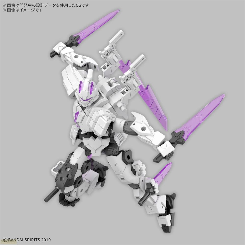 Ein weißer und violetter Roboter mit vier Schwertern, der auf grauem Hintergrund posiert.