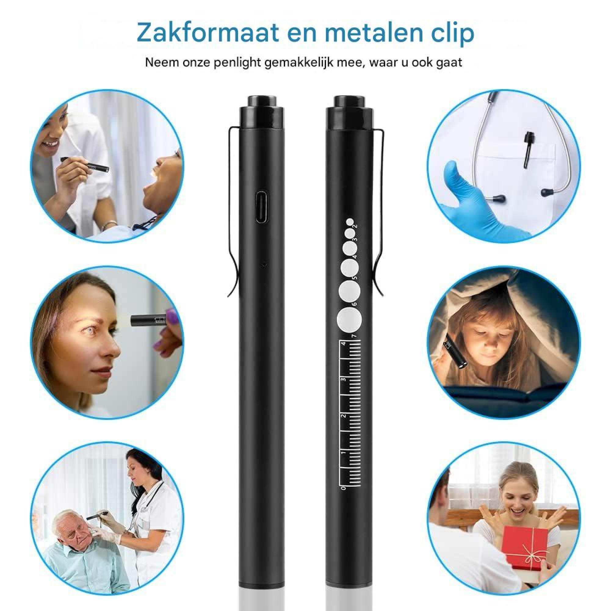 Ein schwarzer Stift mit Lupe, medizinische Szenen und eine Frau, die ein Geschenk erhält.