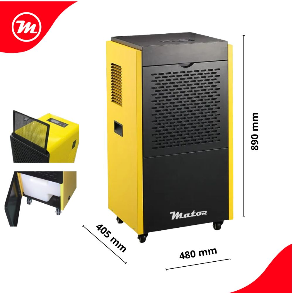 Un deshumidificador amarillo y negro con ruedas y dimensiones.