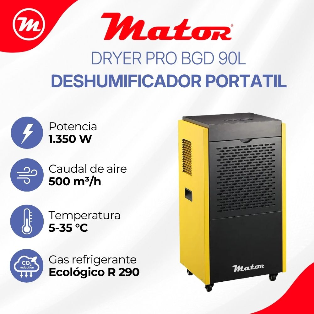 Deshumidificador amarillo y negro con especificaciones de potencia 1350W.