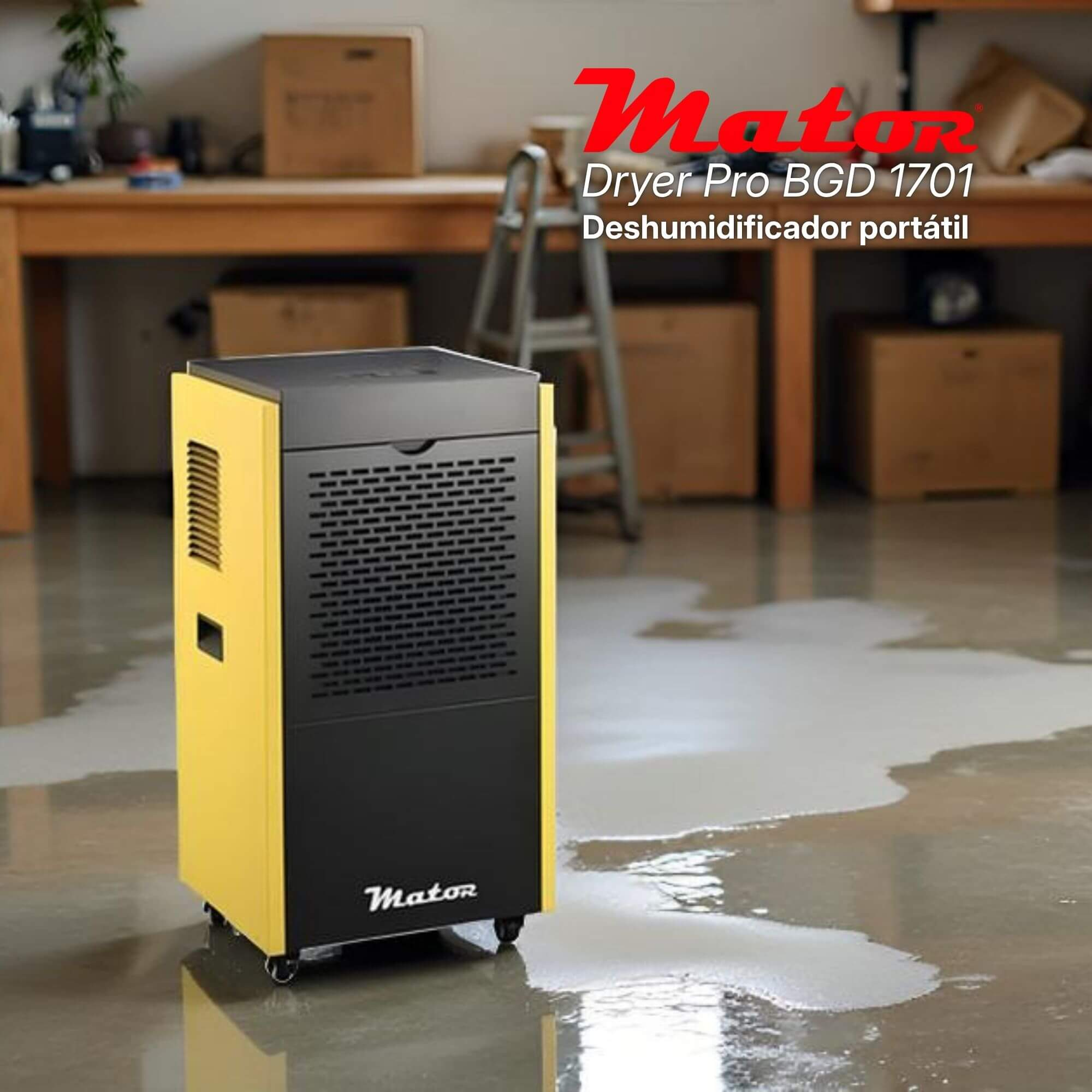 Deshumidificador amarillo y negro con ruedas sobre suelo mojado.