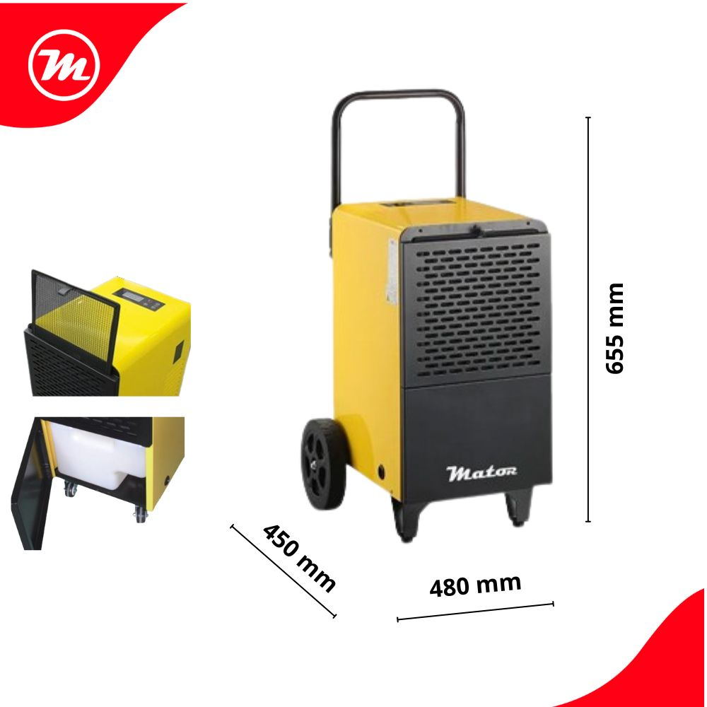 Un deshumidificador amarillo y negro con ruedas y asa. Se muestran las dimensiones.