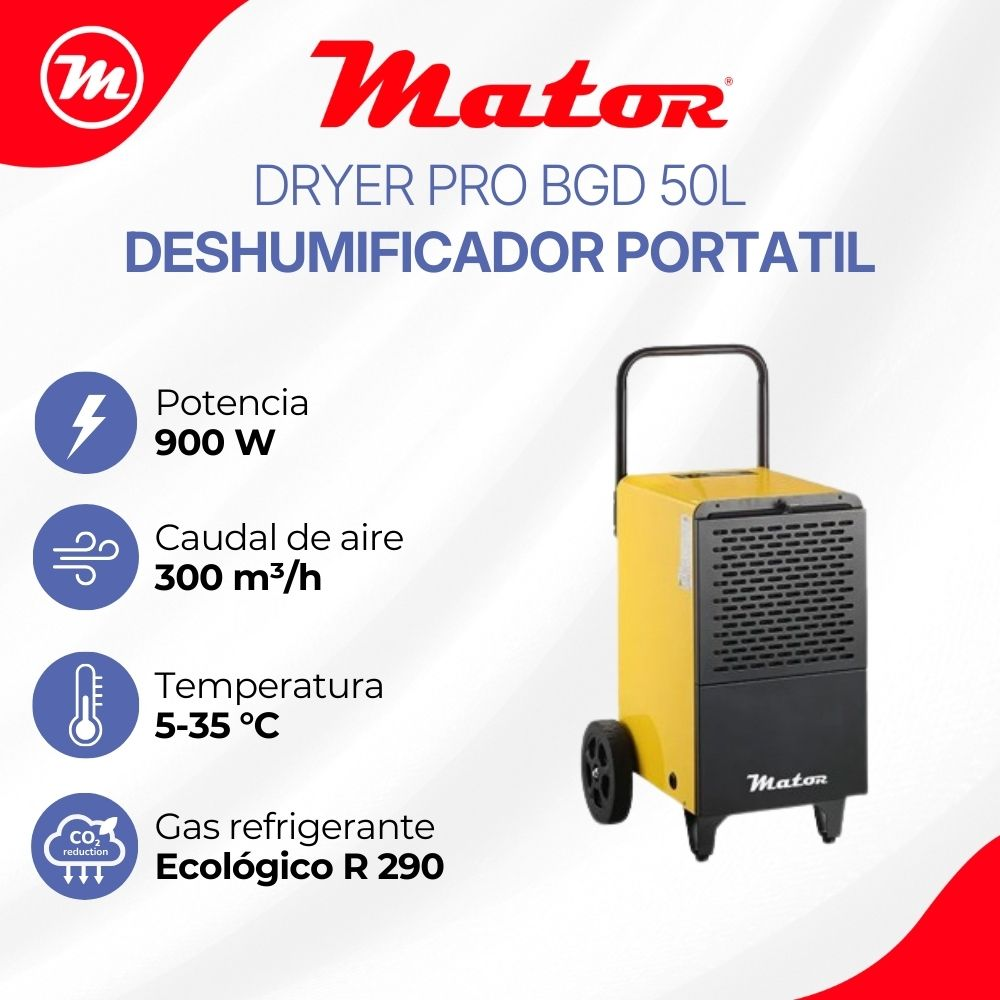 Deshumidificador amarillo con rejilla negra, ruedas y asa. Especificaciones a la izquierda.