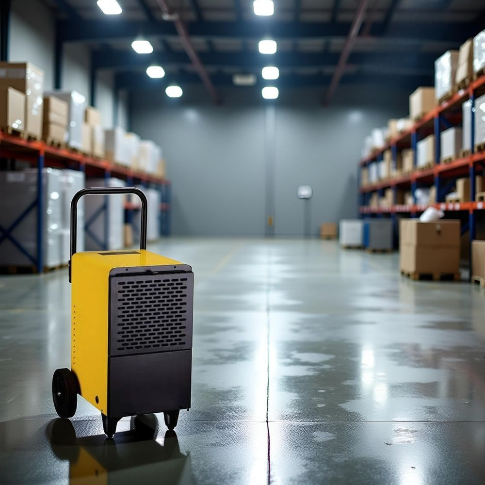 Un deshumidificador amarillo se encuentra en un almacén con estantes llenos de cajas.