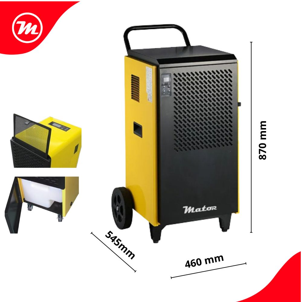 Deshumidificador amarillo con rejilla negra, ruedas y asa. Se muestran las dimensiones.