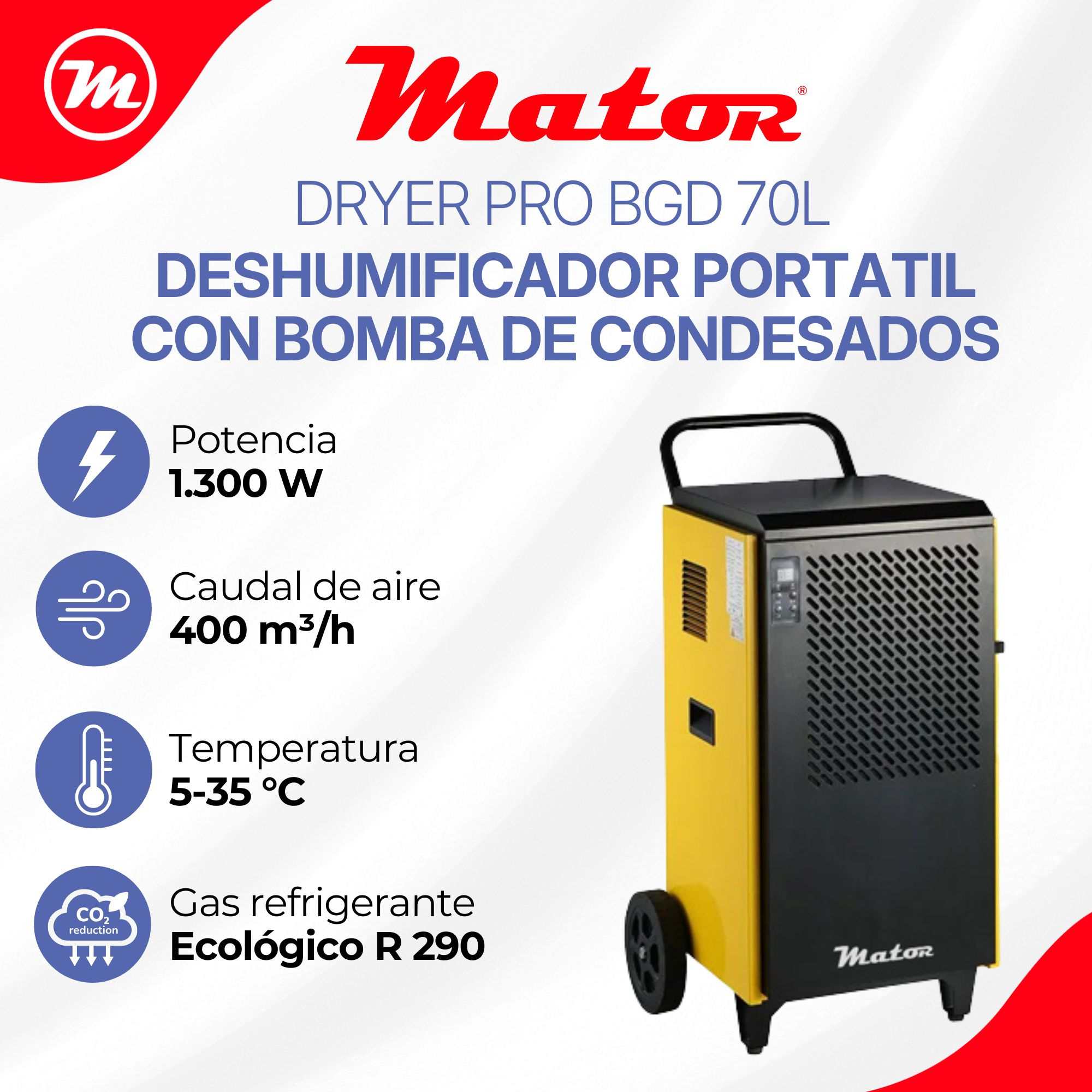 Un deshumidificador Mator amarillo y negro con ruedas y especificaciones técnicas.