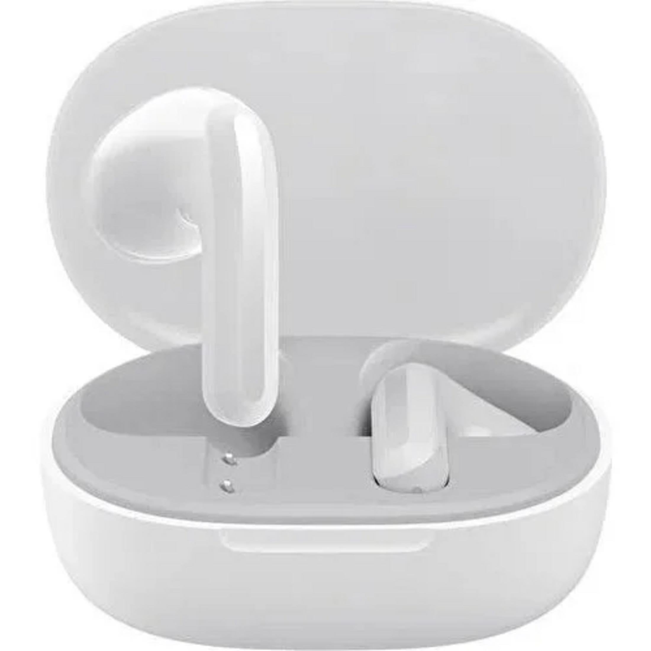 Auricolari wireless bianchi in una custodia di ricarica aperta. Due auricolari visibili.