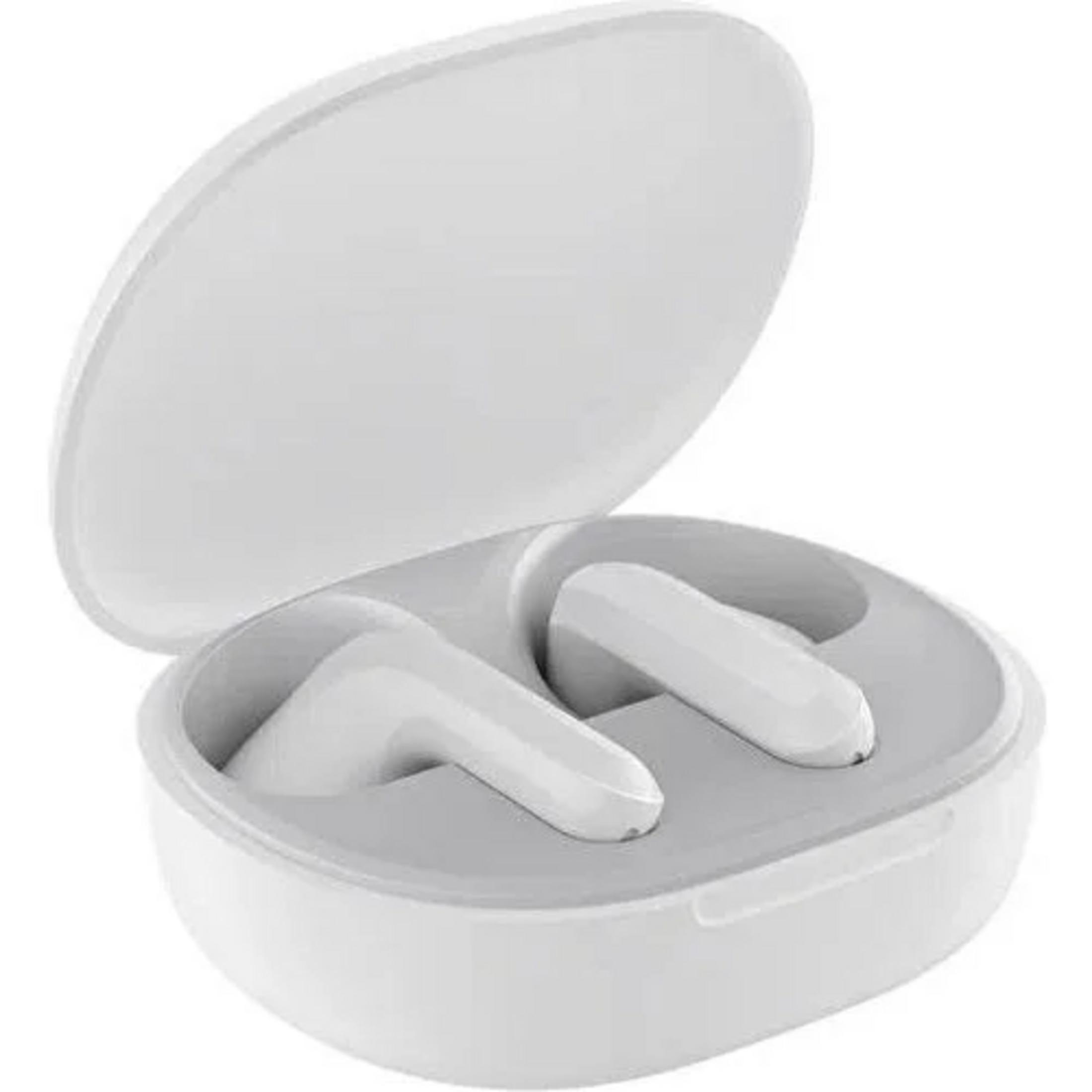 Auricolari wireless bianchi all'interno di una custodia di ricarica bianca aperta.