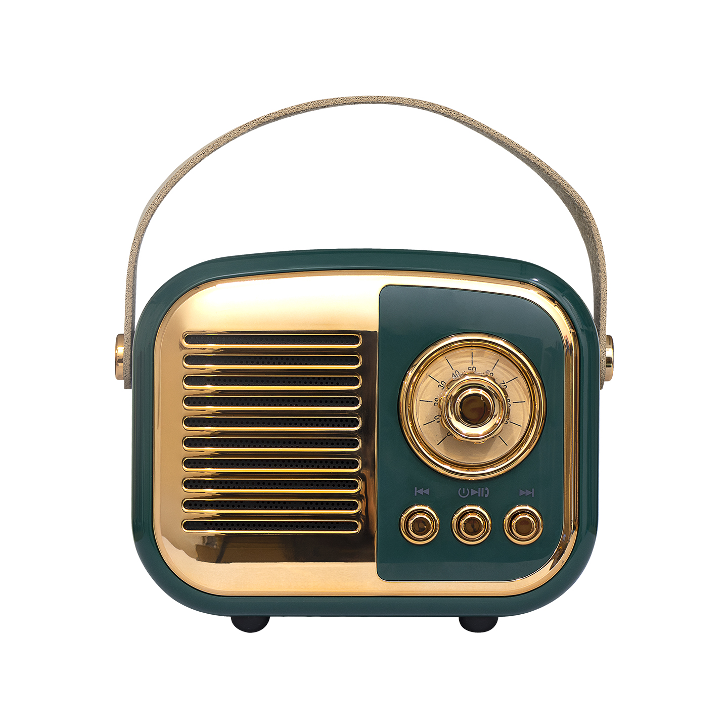 Altın vurgulu, koyu yeşil retro radyo ve taşıma sapı.