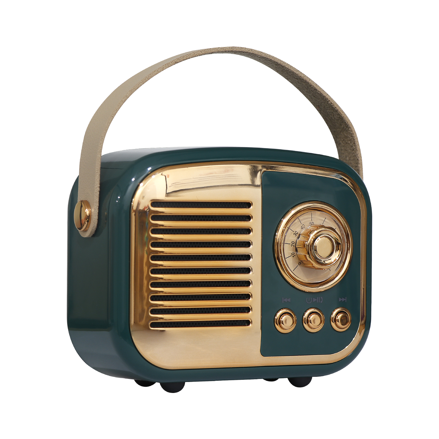 Deri saplı, altın aksanlı, koyu yeşil vintage tarzı taşınabilir radyo.