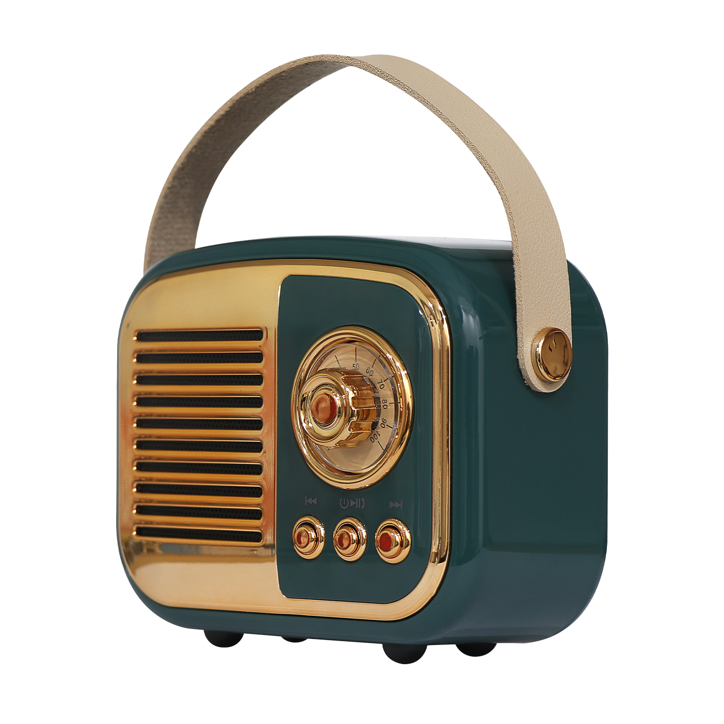 Altın vurgulu, taşıma saplı, koyu yeşil retro tarzı radyo.