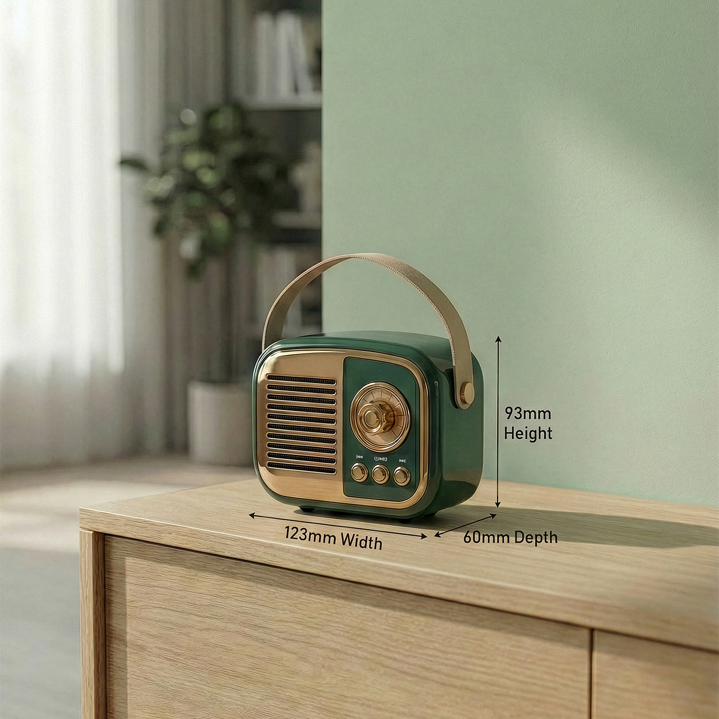 Altın aksanlı retro yeşil radyo ahşap masanın üzerinde duruyor. Boyutlar gösteriliyor.