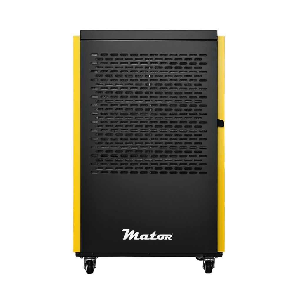 Deshumidificador amarillo y negro con ruedas y panel frontal perforado.