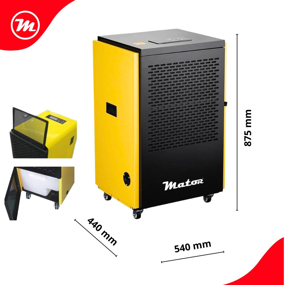Deshumidificador amarillo y negro con ruedas. Dimensiones: 87,5x54x44 cm.
