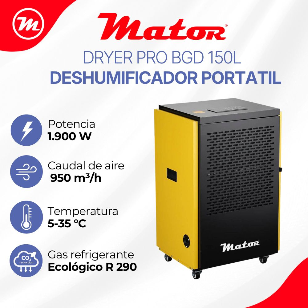 Un deshumidificador Mator amarillo y negro con especificaciones técnicas.