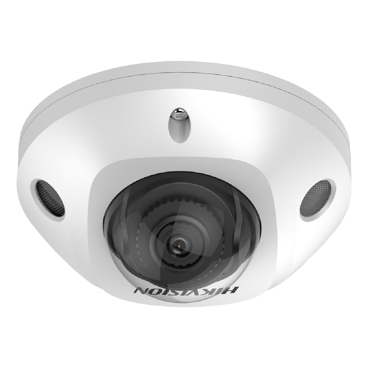 Eine weiße Dome-Kamera mit Fisheye-Objektiv und Lüftungsgittern.