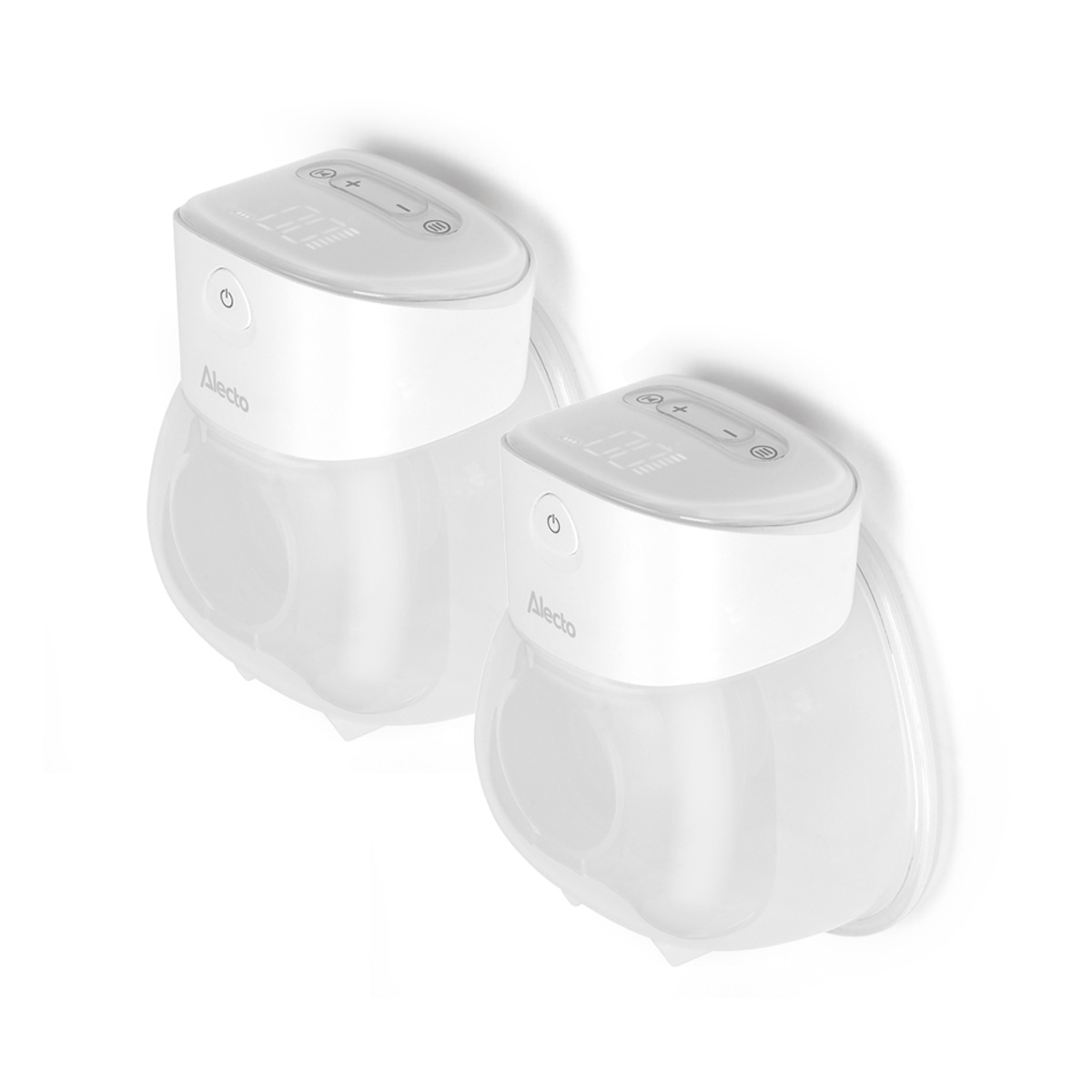 Zwei weiße Alecto-Milchpumpen mit digitalen Displays und Bedienelementen.