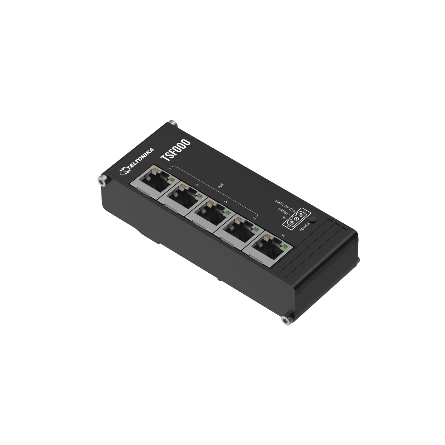 Schwarzes TSF000 Netzwerkgerät mit 5 Ethernet-Anschlüssen und Stromanschluss.