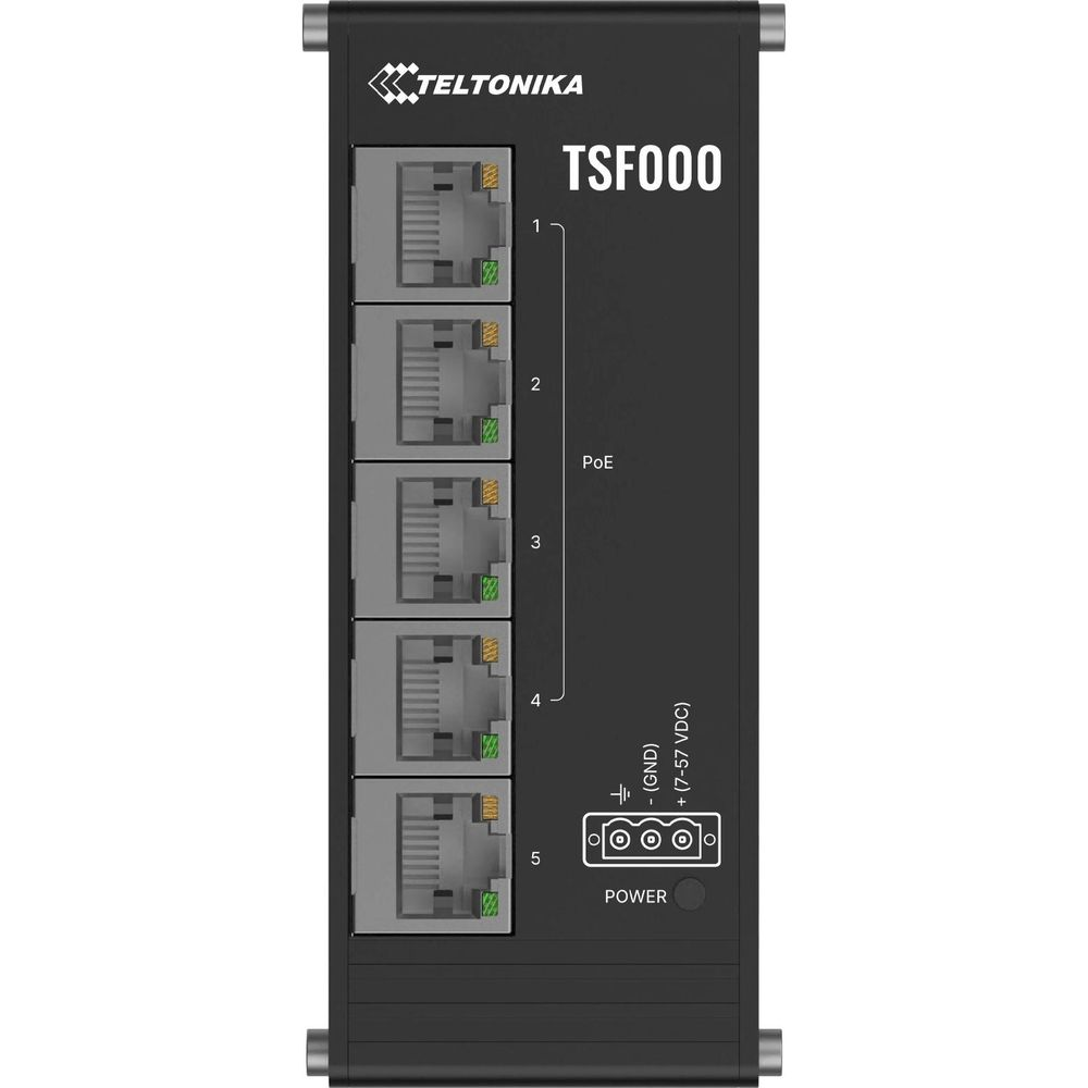 Teltonika TSF000 mit 5 Ethernet-Ports, PoE und Stromversorgung.