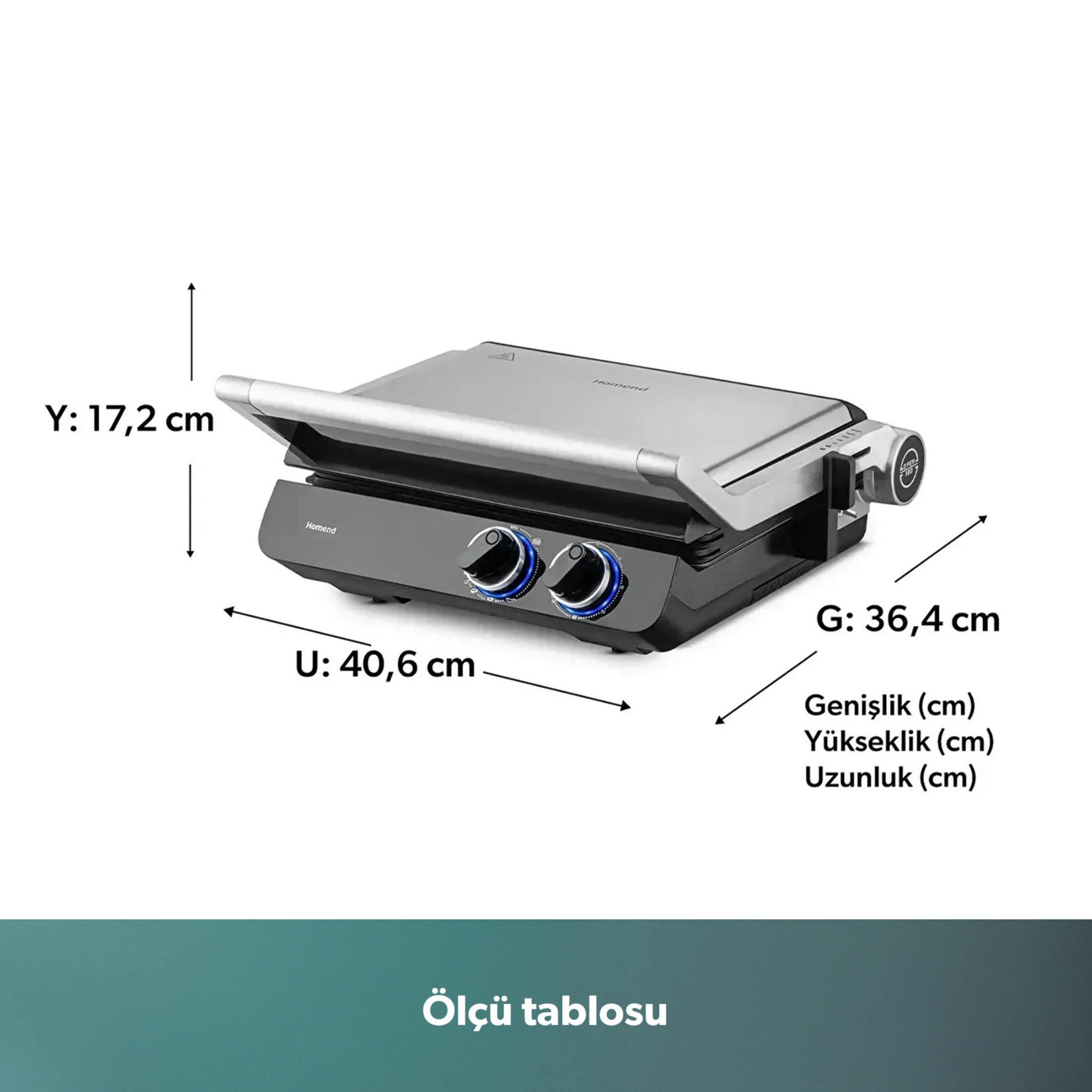 Gümüş ve siyah kontaktlı ızgara boyutları: Yükseklik 17,2 cm, Genişlik 36,4 cm, Uzunluk 40,6 cm.